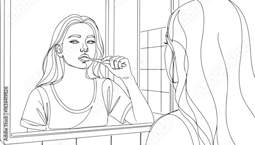 Young Woman Brushing Teeth, Line Art Illustration