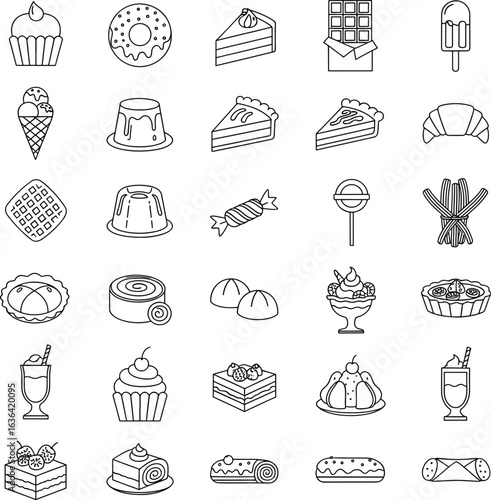 Sweets and Desserts Line Icon Set. Simple outline collection of pastry, cake, candy, symbols for web and graphic design.