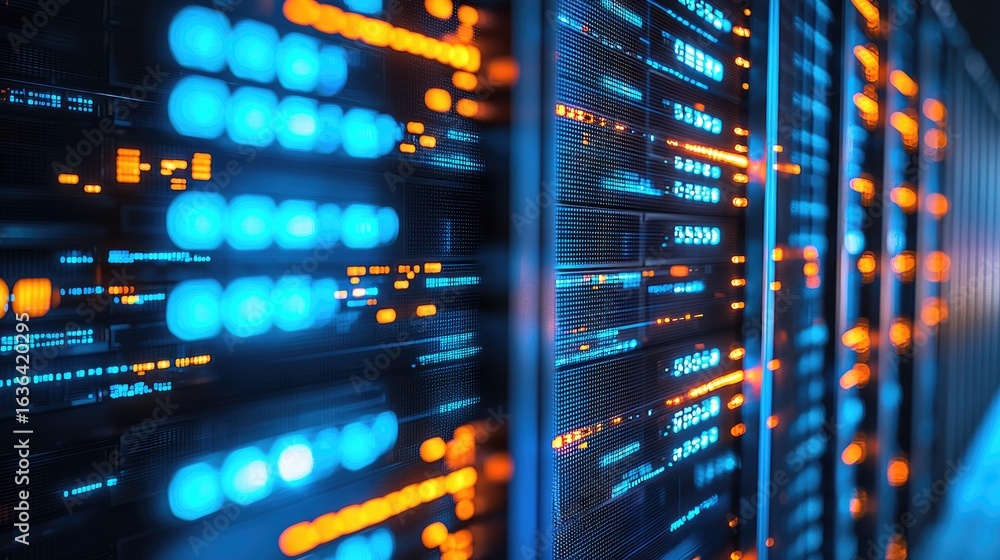 Naklejka premium High performance data center with glowing LED servers for IT infrastructure, cloud computing, AI processing, cybersecurity, and modern network technology applications