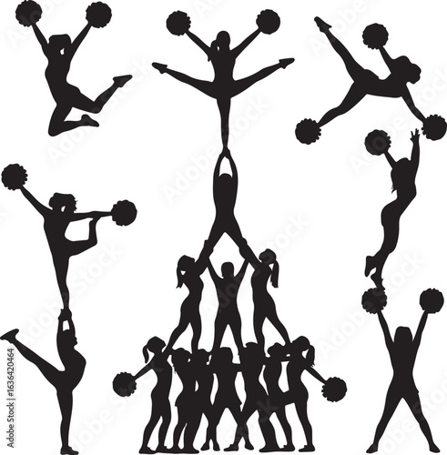 Collection of cheerleaders performing various stunts and poses on white background cheerleading team