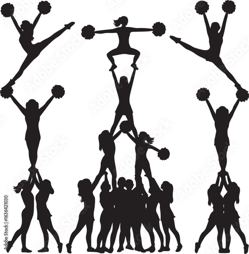 Collection of cheerleaders performing various stunts and pyramids on white background silhouettes