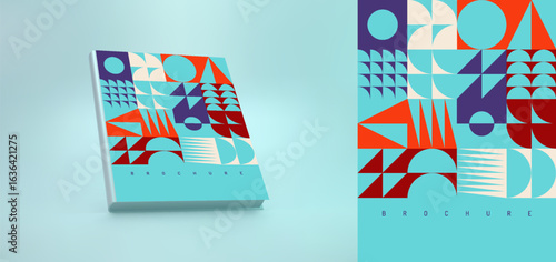 Realistic hardcover book mockup. Cover design template. Abstract geometric pattern. Flat mosaic design. Vector illustration for brochure, planner, notebook or notepad.