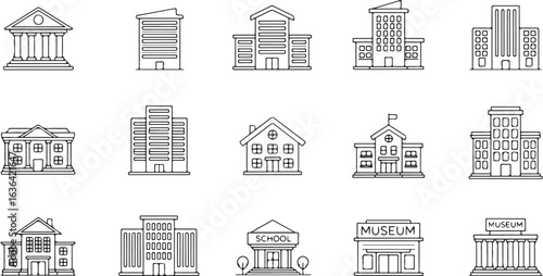 Black and white vector line art of diverse buildings icons for architecture, real estate, and municipal design