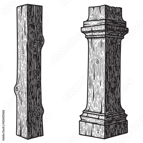 Two hand drawn wooden pillars with detailed wood grain illustration in black and white