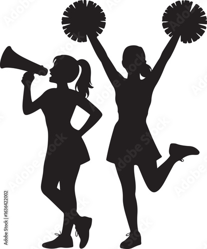 Silhouette cheerleaders with pom poms and megaphone on white background cheerleading