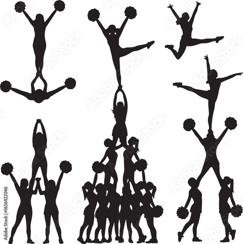 Cheerleader Pyramid and Stunts Silhouettes on White Background cheerleading
