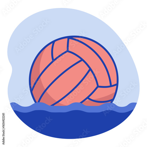 Water polo ball floating on colorful surface in blue water  