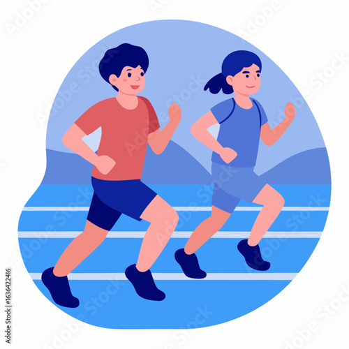 Two people running on a track with blue background  