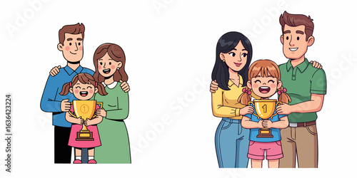 Cartoon Happy Family Celebrating Little Girl's Win with Trophy Illustration