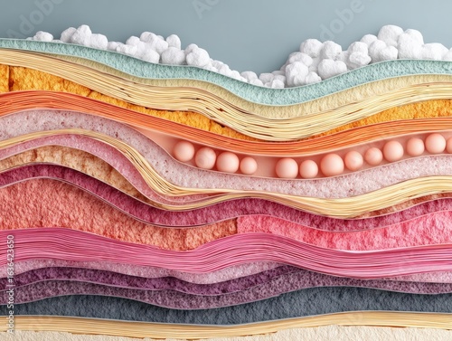 Cross-section illustrating human skin, pastel tones, labeled fascia membranes diagram