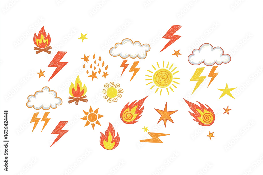 Obraz premium Hand drawn collection of weather elements and campfires in crayon style lightning thunder