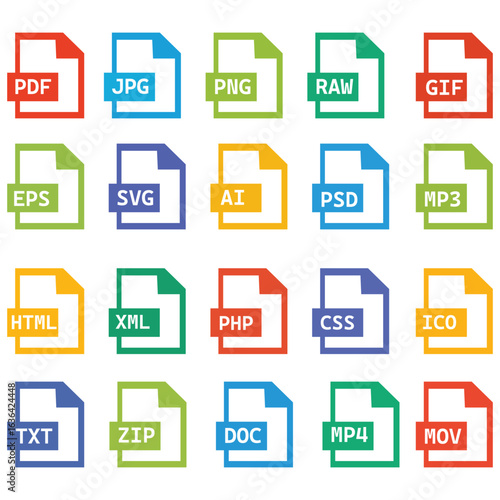 Colorful File Format Icons Set  Flat Style Document Icons