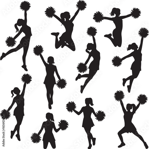 Eight cheerleader silhouettes in various jumping and dynamic poses with pom poms cheerleading sport