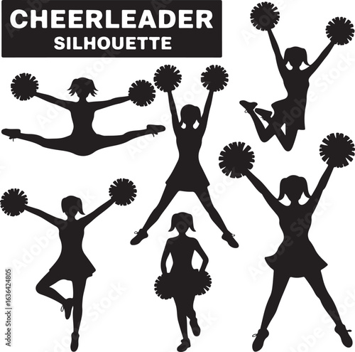 Six cheerleader silhouettes in dynamic poses with pom poms and text Cheerleader Silhouette cheerleading