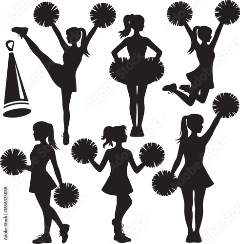 Six cheerleader silhouettes in various dynamic poses with pom poms and megaphone cheerleading