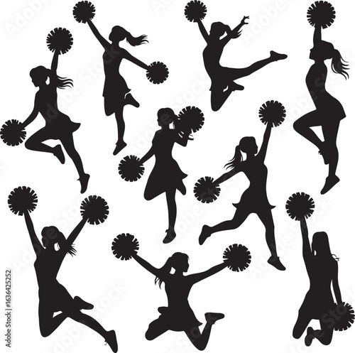 Silhouette cheerleaders performing various dynamic poses with pom poms cheerleading female