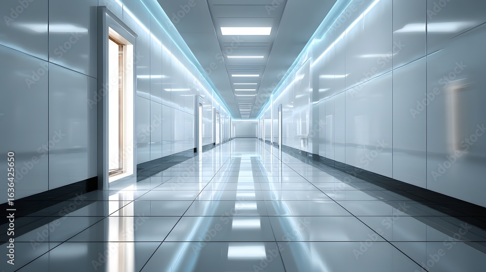 Obraz premium Modern, polished hallway with reflective floor and walls.