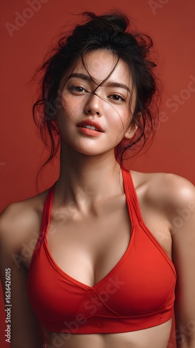 Wallpaper Mural Striking portrait of a confident alluring woman wearing a vibrant red halter top her captivating gaze and elegant features creating a sense of mystery and sophistication Torontodigital.ca