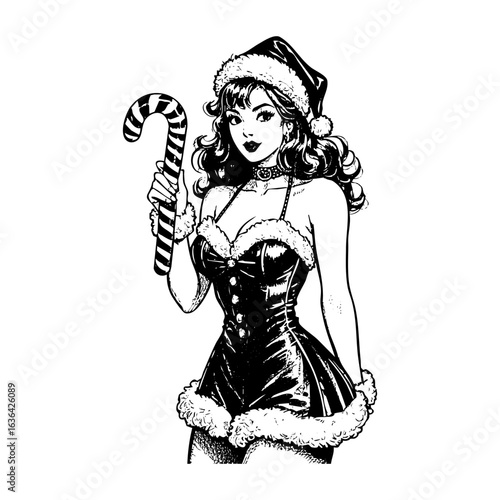 Detailed Engraving of	pinup girl wear Santa clause costume while holding candy	in monochrome drawing