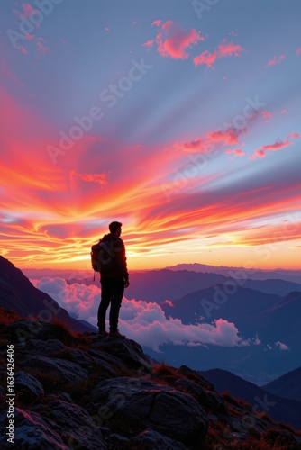 Man Standing on Mountain at Sunset with Vibrant Sky Colors