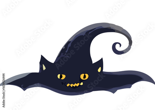A cartoon-style black cat wearing a pointed witch's hat, with large eyes and an expressive face