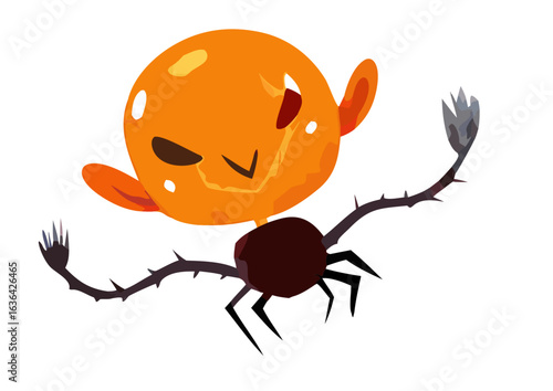 A cartoon-style orange spider with a mischievous face, featuring stick legs and a playful design