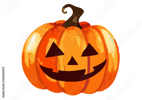 A cartoon-style orange pumpkin with a spooky face, featuring triangular eyes, a wide grin, and a green stem