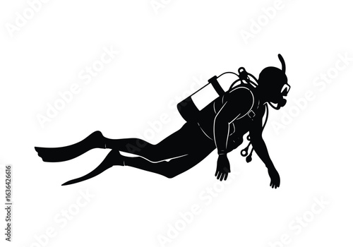 Silhouette of a scuba diver swimming underwater, isolated on white background