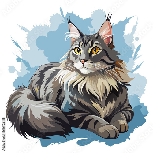 vector illustration of maine coon, lying down, watercolor