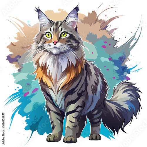 vector illustration of maine coon, standing majestic, watercolor