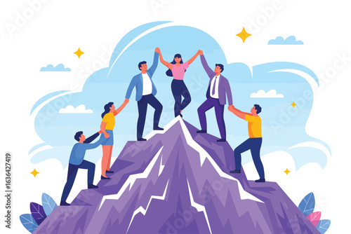 Illustration of diverse group helping each other atop mountain peak under starry sky, symbolizing teamwork, achievement, and mutual support