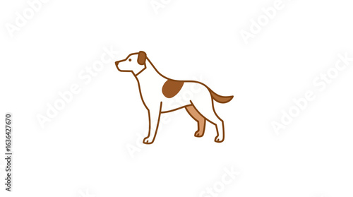 A simple line drawing of a brown and white dog standing alert.