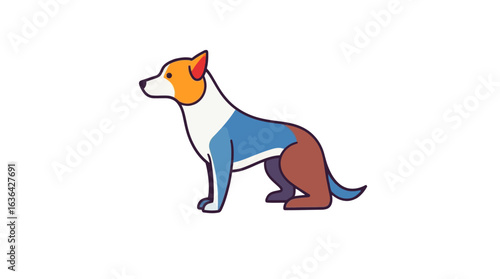 A stylized illustration of a dog with colorful markings, sitting patiently.