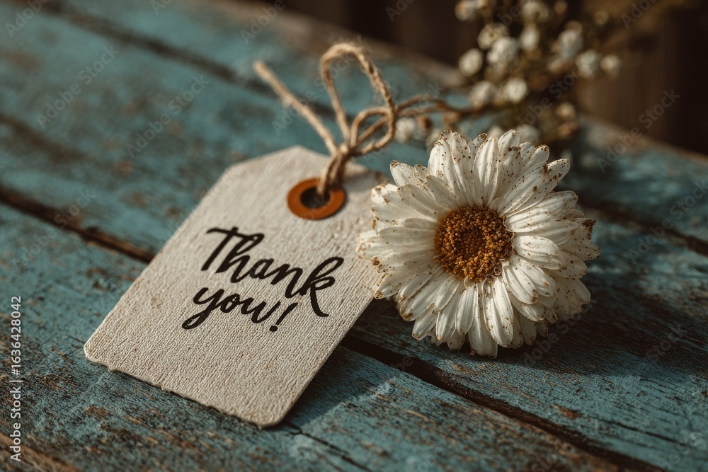 Naklejka premium Rustic Wooden Tabletop: Thank You Gift Tag with Daisy Flower, Gratitude & Appreciation Concept.