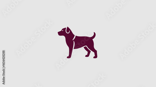 A maroon silhouette of a dog, standing alert, profile view, simple design.