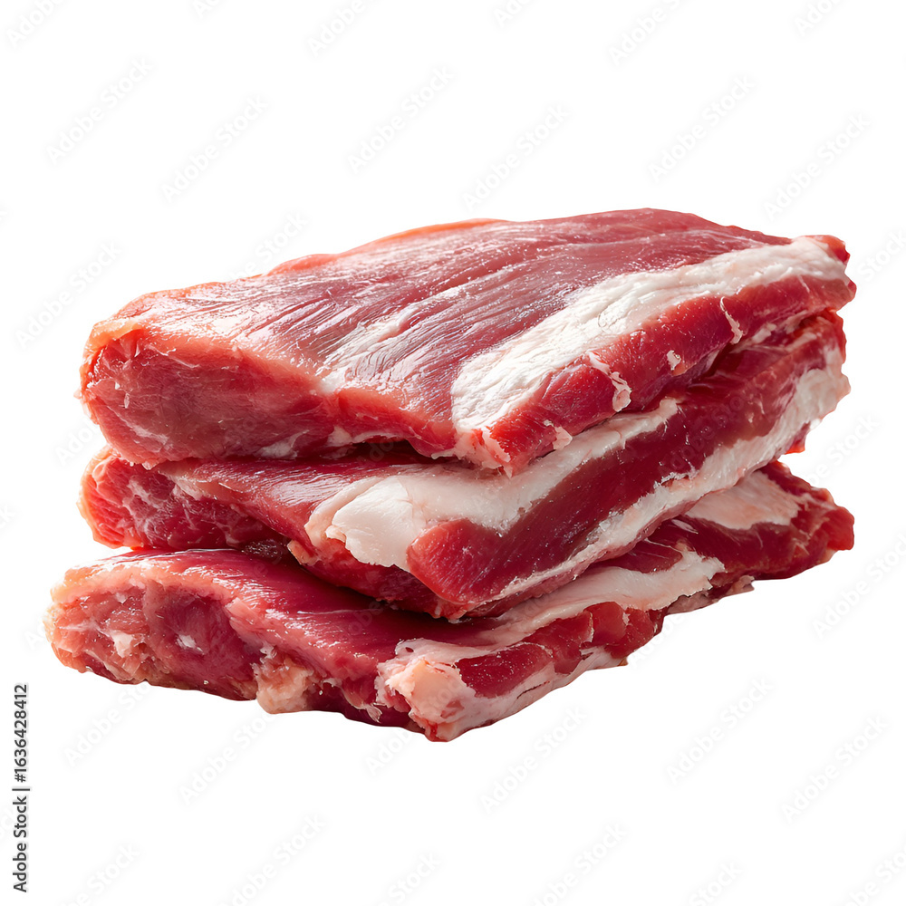 Obraz premium Fresh Raw Pork Meat Slices Stacked Black Background