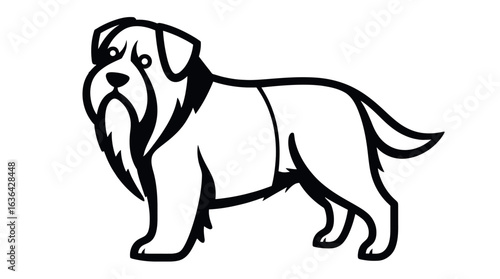 A black and white illustration of a bearded, stocky dog standing.