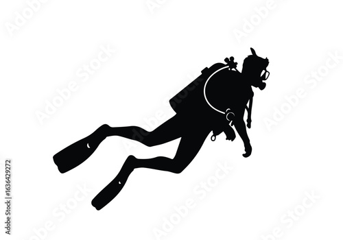Silhouette of a scuba diver swimming underwater, isolated on a white background