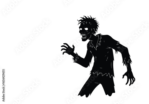 Silhouette of a terrifying zombie monster with glowing eyes and outstretched hand, isolated on white background