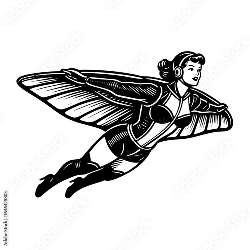 Engrave of 	pinup woman wear wingsuit flying	isolated on white background. Vector illustration in sketch style