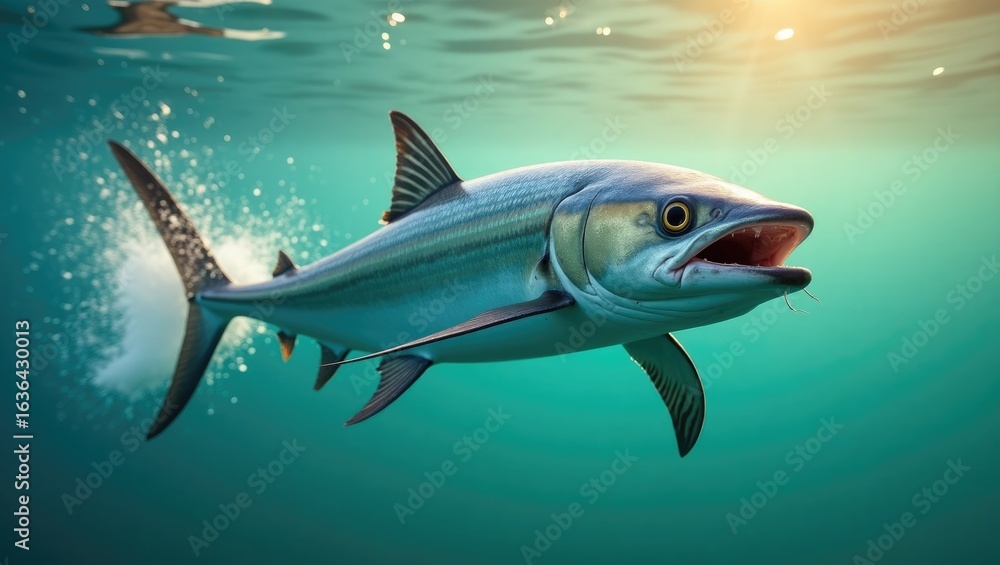 Obraz premium A magnificent fish swims through the turquoise water.