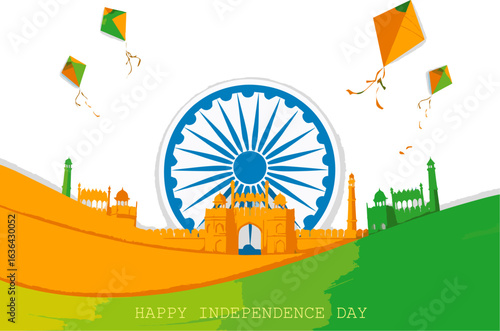 A patriotic illustration celebrating Indian Independence Day with kites and a stylized depiction of landmarks.
