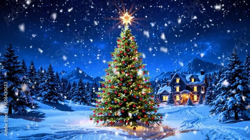 Magical Christmas Eve: Snowfall, Illuminated Tree, Cozy Cabin