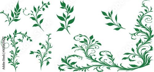ivy vine silhouette, elegant decorative border and corner design element of leaves set. vector illustration	