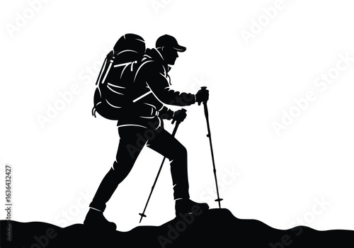 Silhouette of a hiker with a backpack and trekking poles climbing a mountain, isolated on white background
