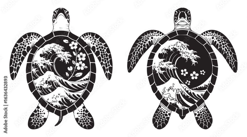 Fototapeta premium Sea Turtle Set – Black and White Ocean Animal Vector Illustration,Isolated White Background