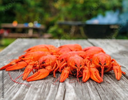 Fresh crawfish on rustic wooden table