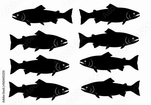 Eight black salmon or trout fish silhouettes arranged in a repeating pattern on a clean white background, ideal for fishing, aquatic, or food industry designs.