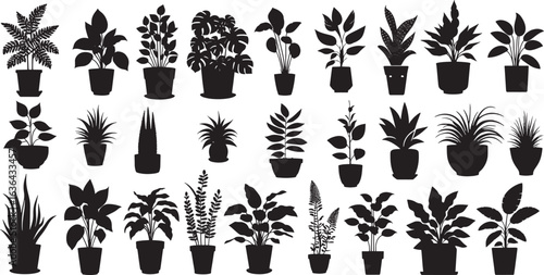 Potted plant silhouette vector set, indoor houseplants collection, perfect for gardening design, botanical home decor, foliage illustrations,