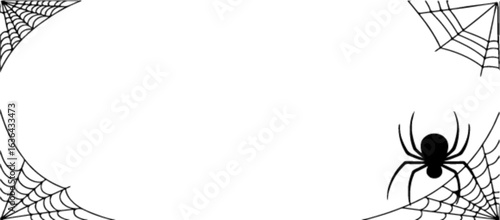 Halloween spider web frame border with black spider, spooky creepy decoration background design illustration